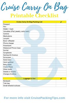 the cruise carry on bag printable checklist is shown in blue, yellow and white