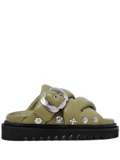 olive green/black calf leather padded design interwoven design decorative buckle detail stud embellishment open toe slip-on style flatform sole Padded Sandals, Toga Pulla, Trendy Shoes Sneakers, Pretty Shoes Sneakers, Hype Shoes, Girly Shoes, Gorgeous Shoes, Pretty Shoes, Dream Shoes