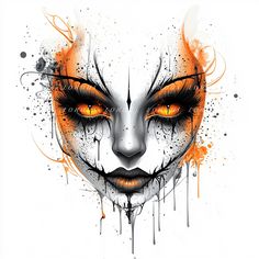 the face of a woman with orange and black paint splattered on her eyes