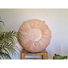 a large round pillow sitting on top of a wooden chair next to a potted plant