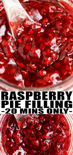 raspberry pie filling in a glass bowl with a spoon on the top and bottom