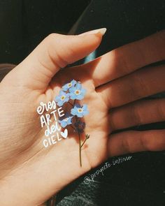 a person's hand holding a small blue flower with the words stop ate del cell written on it