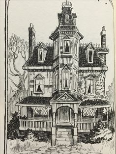 an ink drawing of a large house in the woods