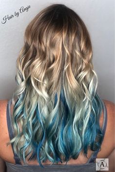 Blond And Teal Hair, Blonde And Blue Hair Ombre, Blue Balayage Blonde, Blonde Hair With Blue Underneath, Blue Highlights In Blonde Hair, Blonde Hair With Colored Tips