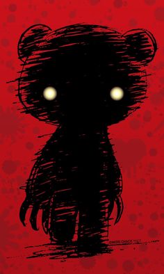 a black teddy bear with glowing eyes sitting on a red background in grunge