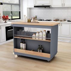 a kitchen island with bottles and glasses on it