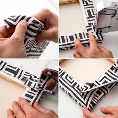 four pictures showing how to cut fabric with scissors and sewing needle, then using tape