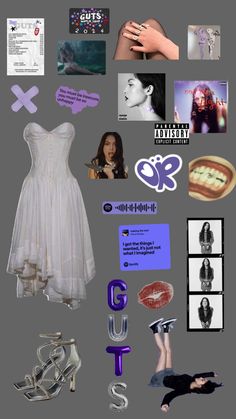 a collage of various items including shoes, clothing, and stickers on a gray background