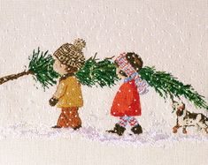 two children are carrying a christmas tree in the snow with their dog on a leash