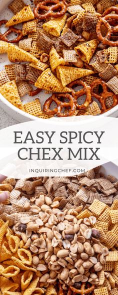 easy spicy chex mix in a white bowl