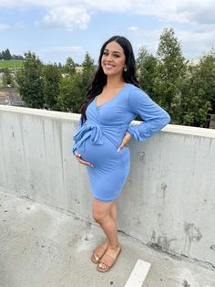 Welcome the beauty of motherhood in our Sweetheart Maternity Bodycon Dress. The delicate blue tone is perfect for a special occasion like a wedding, baby shower, or date night. Crafted from lightweight and breathable fabric, this dress features a flattering tie front detail and empire waist design to ensure a comfortable yet stylish fit during your pregnancy. Whether you are expecting or just want to celebrate new beginnings, this timeless piece is sure to be a standout in your wardrobe. Maternity Bodycon Dress, Pregnant Outfits, Beauty Of Motherhood, Maternity Dresses Summer, Cute Maternity Outfits, Maternity Outfits, Trendy Maternity, Blue Tone, Pregnancy Outfits