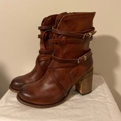 New! No Box But Have The Dust Covers! Freebird Size 12 Reddish Brown Heeled Booties Brown Boots With Heel Strap And Round Toe, Brown Round Toe Boots With Heel Strap, Brown Boots With Wrapped Heel And Round Toe, Freebird Shoes, Freebird Boots, Strappy Block Heels, Freebird By Steven, Western Booties, Brown Booties