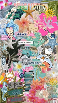 an altered collage with hello kitty stickers and flowers on the bottom right hand corner