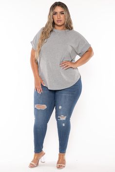 Women's Plus Size Zenna Rolled Sleeve Top -Grey - Curvy Sense Plus Size Gray Jeans, Plus Size 3/4 Sleeve Tops, Seamless Leggings Plus Size, Curvy Pregnant Women Plus Size, Mid Size Fashion, Apple Shape, Jumpsuit Party, Faux Leather Dress, Rolled Sleeves