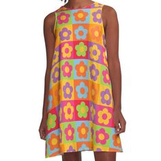 Loose-fit, mid-length sleeveless dress with silky handfeel. Printed on both sides. Machine washable. Size range XS-2XL. Choose Happy. Choose Joy. Choose Happy Flower Power Colors Seamless Pattern Print Multicolor A-line Sleeveless Dress With Floral Print, Retro Multicolor Sleeveless Dress For Spring, Retro Printed Sleeveless Mini Dress, Retro Sleeveless Dress With Floral Print For Spring, Summer Multicolor A-line Mini Dress, Summer Multicolor A-line Floral Dress, Multicolor Floral Print A-line Mini Dress, Multicolor A-line Summer Floral Dress, Multicolor A-line Floral Dress For Beach