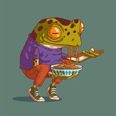 a cartoon frog holding a bowl of noodles