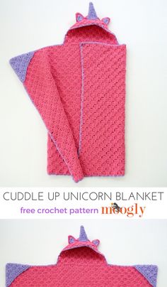 the crochet unicorn blanket is made with pink yarn and purple trims, it has