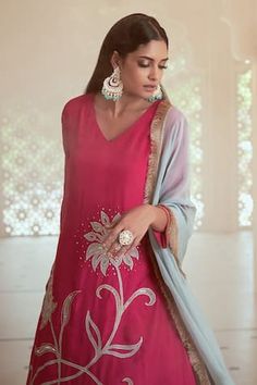 Bright pink A-line kurta with contrast floral embroidery. Comes with pant and contrast dupatta adorned with fringe lace. - Aza Fashions Contrast Dupatta, Kurta Set For Women, A Line Kurta, Organza Dupatta, Kurta Set, Pants Pattern, Set For Women, Aza Fashion, Floral Embroidery