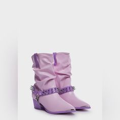 Y.R.U Cowboy Boots In Pastel Vegan Leather With Slouchy Construction. Detachable Spiked Harness Straps In Contrast Lavender, Chunky Heels, And Pointed Toes. Brand New, Unworn, Without Original Box. Materials Synthetic Upper Rubber Sole Heel Height 2" Heel Trendy Boots For Spring Streetwear, Trendy Streetwear Boots For Spring, Trendy Spring Streetwear Boots, Purple Punk Boots With Round Toe, Purple Ankle Boots For Spring, Edgy Boots For Streetwear In Spring, Edgy Boots For Spring Streetwear, Edgy Streetwear Boots For Spring, Purple Pointed Toe Winter Boots