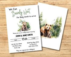 two bears are shown on the front and back of this baby shower card, which is printed