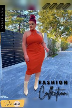 Plus Size Summer Sleeveless Halter Neck Bodycon Midi Dress Trendy Orange Sleeveless Dress, Sleeveless Stretch Orange Midi Dress, Sleeveless Bodycon Halter Dress For Spring, Orange Sleeveless Stretch Midi Dress, Casual Sleeveless Bodycon Halter Dress, Elegant Orange Sleeveless Halter Dress, Trendy Orange Sleeveless Bodycon Dress, Summer Midi-length Halter Dress, Fitted Sleeveless Orange Midi Dress