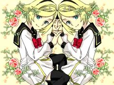 two anime characters sitting next to each other in front of flowers and roses on a yellow background