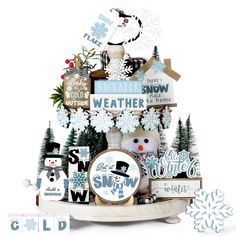 an assortment of snow related items are displayed in front of a white background with the word winter written on it