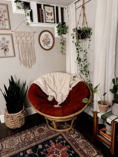 a room with plants and pictures on the wall, including a round chair in front of a window