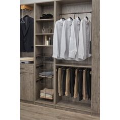 an open closet with clothes on hangers