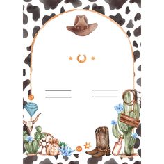 a cow print with cowboy hats and other items on the border, in front of a black and white background