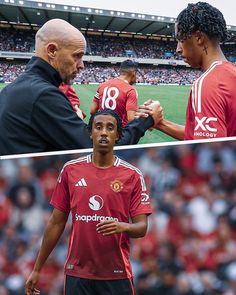 three different pictures of men in soccer uniforms, one with bald hair and the other with dreadlocks