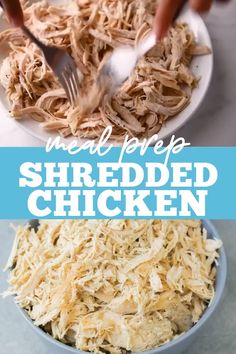 shredded chicken in a bowl with the words instant pot shredded chicken on top and bottom