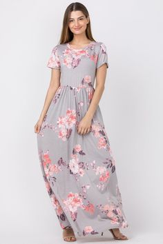 Made in the USA 78% Polyester 18% Rayon 4% Spandex Pockets, Elastic waistband, Flattering feminine fit Size: S(2-4), M(6-8), L(10-12), XL(14-16) Measurements: S: Bust 30" Waist 26" Length 56"M: Bust 32" Waist 28" Length 56.5"L: Bust 34" Waist 30" Length 57"XL: Bust 36" Waist 32" Length 57.5" Gray Stretch Maxi Dress For Spring, Spring Stretch Gray Maxi Dress, Casual Spring Stretch Maxi Dress, Gray Fitted Short Sleeve Maxi Dress, Floral Print Stretch Maxi Dress With Short Sleeves, Stretch Floral Print Maxi Dress With Short Sleeves, Modest Stretch Dresses For Spring, Fitted Gray Casual Maxi Dress, Stretch Modest Maxi Dress