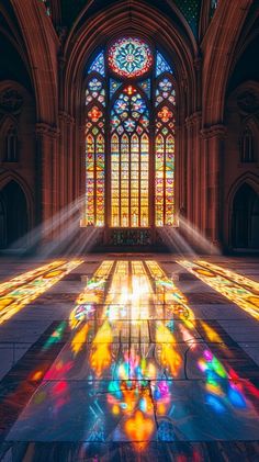 the sun shines through stained glass windows in an old cathedral with colorful lights coming from them