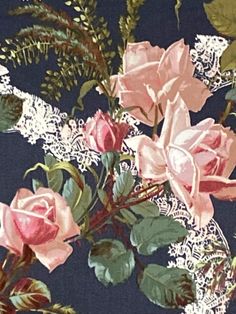 a painting of pink roses and greenery on a dark blue background with white lace