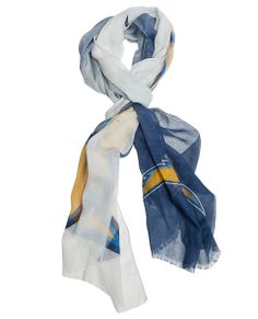 a blue and white scarf with an abstract design on the bottom, in front of a white background