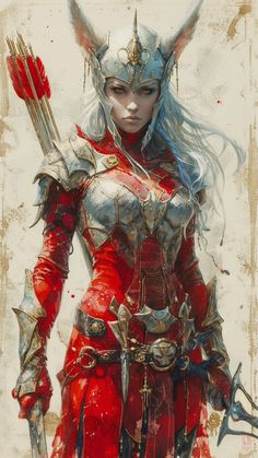 a painting of a woman in red and silver armor with two swords on her shoulder