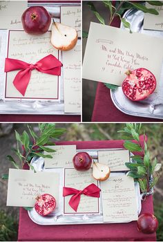 wedding stationery with pomegranates, apples and ribbon tied around them