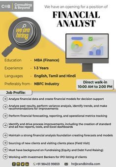 a flyer for financial analist with an image of a magnifying glass on it