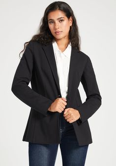 Refine your style with the Classic Blazer, made from 4-way stretch ponte for unparalleled mobility. With wrinkle resistance and essential pockets, it's the perfect match for our Dress Pant Yoga Pants. A tailored fit blazer that hits at the low hip. Featuring two functional pockets, 2-button closure, and a vent at the back hem. 28 inches from top of shoulder to hem, 24-inch sleeves (size S). Model wears Small. Wrinkle-resistant ponte fabric with 4-way stretch (black). 68% rayon, 27% nylon, 5% ela Office Outerwear With Stretch And Notch Lapel, Versatile Fitted Blazer, Modern Slim Fit Blazer For Workwear, Stretch Blazer For Business Casual, Fitted Notch Lapel Versatile Blazer, Tailored Versatile Blazer For Work, Tailored Versatile Workwear Blazer, Tailored Versatile Blazer For Business Casual, Classic Stretch Outerwear For Business Casual