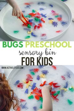 a child's hands holding a plastic spoon and scooping colored liquid into a white plate