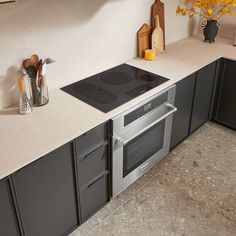 a stove top oven sitting inside of a kitchen next to a counter with utensils