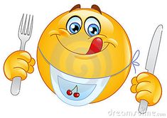 an emoticive smiley face holding a fork and knife with its tongue out,