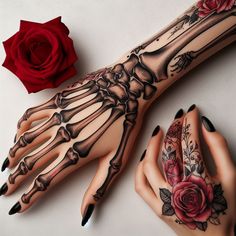 Beauty Emerges from Bones: This striking tattoo showcases contrasting themes. The left hand features a Skeleton Hand Tattoo, meticulously rendered bones forming a hand. The right hand boasts a stunning rose with soft buds, symbolizing the beauty that can emerge even in the face of mortality. #pocoko #skeletonhandtattoo #rosetattoo #beautyfromdecay