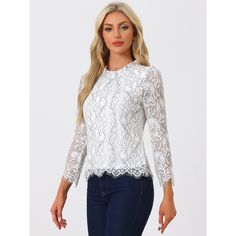 Add a bit of femininity to your look with the ruffle round-neck lace top. It features a long sleeve form, a ruffle neck, and lace fabric. It perfectly matches everyday jeans and skirts for a weekend casual look. A lace top puts a feminine spin on any day or night look with a charming feminine silhouette. Good options for parties, sweet dating, shopping, festivals, banquets, office outfits, casual wear, and daily outfits. Office Outfits Casual, Everyday Jeans, Black Floral Blouse, Eyelet Blouse, Lace Top Long Sleeve, Lace Long Sleeve, Feminine Silhouette, Hem Style, Neck Lace