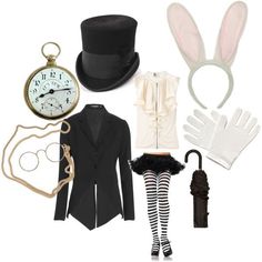 an assortment of costume and accessories including a top hat, coat, gloves, clock, rabbit ears