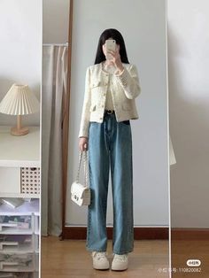 Raining Season Outfit, Spring In Korea Outfit, Korean Tweed Outfit, Korea Spring Outfit, Korean Outfits Elegant, Tweed Cardigan Outfit, Crop Top Jacket Outfits, Style Korea Casual, Korea Spring Fashion