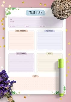 a printable party plan with purple flowers and a ball of yarn next to it