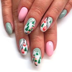 Popular Ideas of Christmas Nails Designs To Try #nails Christmas Nails With Present Design, Mix Match Christmas Nails, Gift Wrap Nails, Christmas Nails Bright, Fun Holiday Nails, Quilt Nails Designs, Christmas Nails Fun, Boho Christmas Nails, Cabin Nails