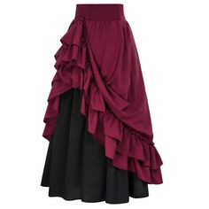 PRICES MAY VARY. This Renaissance skirt is made of polyester, lightweight, high quality. The high-waisted design and ruffled hem elements are perfect for your figure. The waistband is very elasticized, the skirt is long hit to the floor. It’s made to be worn with the bustle in the back like the Victorian- Era Style, The bustle can be lowered, the ruffles part on the back is actually detachable. There are two buttons to hook it up there, so it can worn as a simple layered skirt. This Victorian sk Ruffled Skirts, High Waist Maxi Skirt, Victorian Skirt, Empire Dresses, Boho Festival Fashion, Retro Skirt, High Waisted Maxi Skirt, Skirt Casual, Tiered Ruffle Skirt